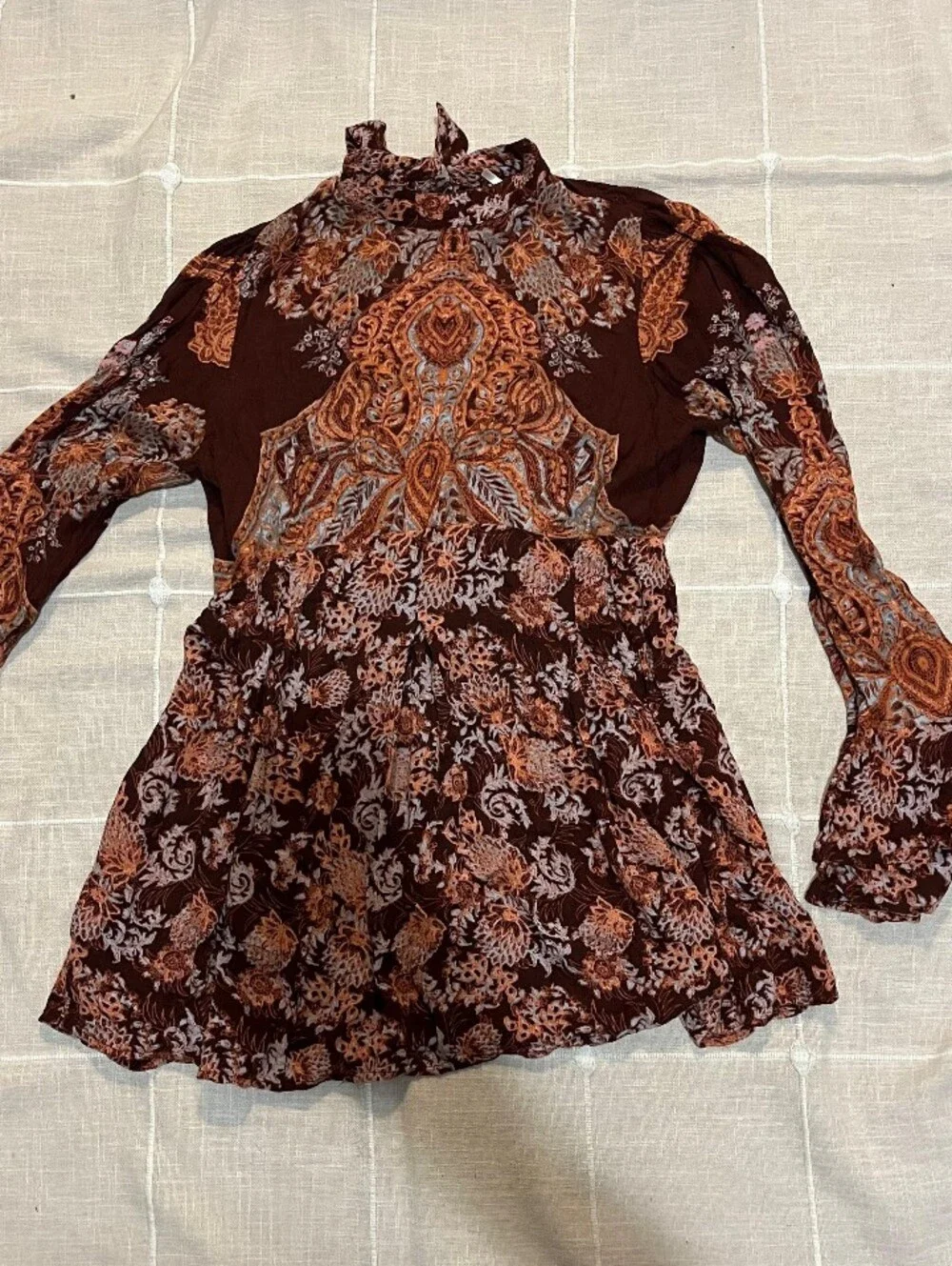 Free People Rust & Burgundy Paisley Long-Sleeve Mini Dress
